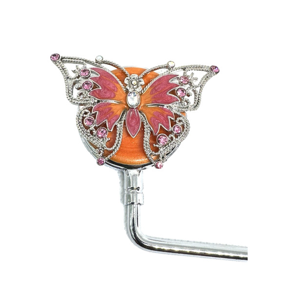 BLING BUTTERFLY PURSE BAG HOOK HOLDER ORANGE PINK FOLDING HANDBAG TABLE HANGER - Picture 2 of 4